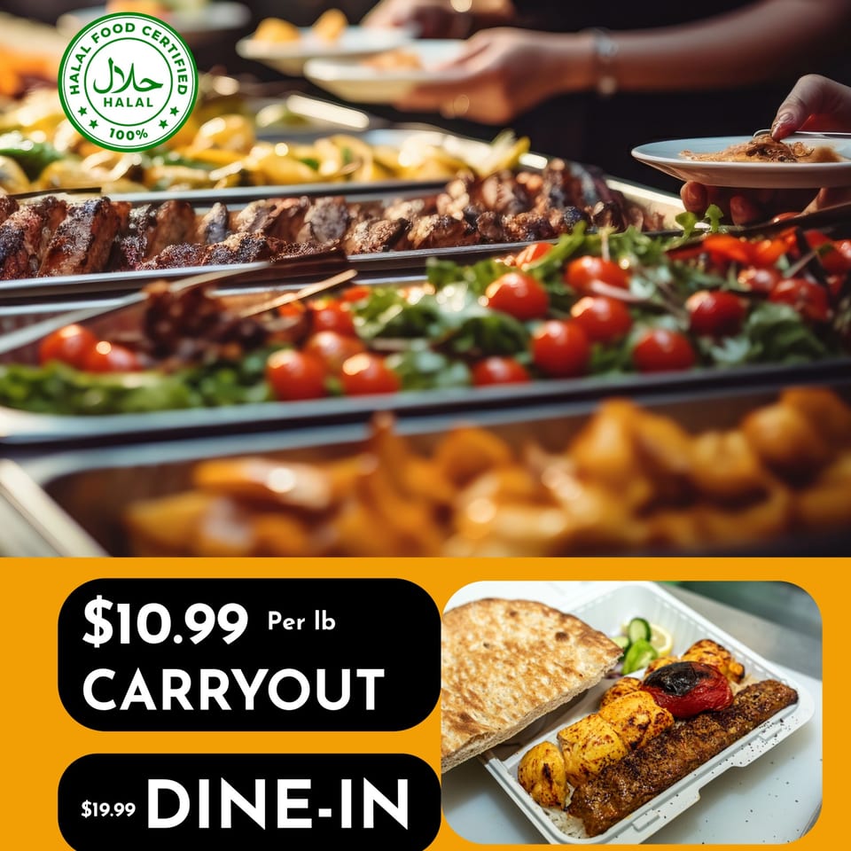 Halal grilled meat skewers, salad, rice, and flatbread displayed with carryout and dine-in pricing.