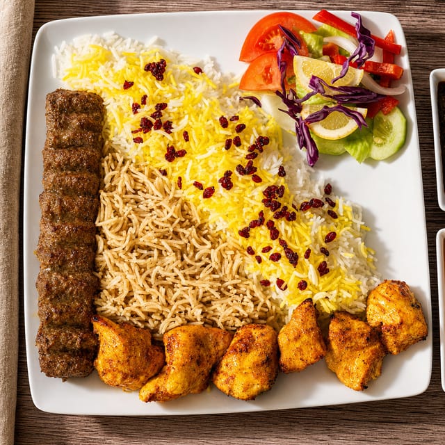 Chicken Tika & Beef Kubideh Platter.